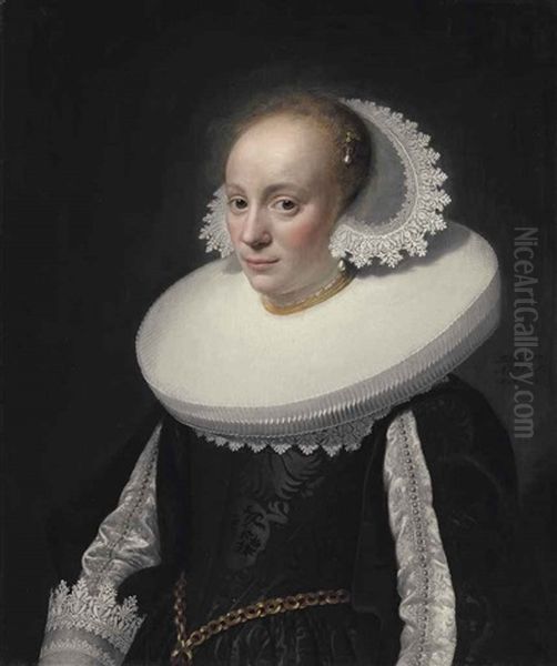 Portrait Of A Young Lady, Aged 17, Half-length, In A Black Embroidered Dress With Slashed Sleeves And A White Ruff And Lace Headdress Oil Painting by Michiel Janszoon van Mierevelt