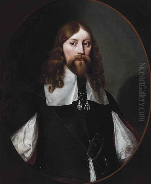 Portrait Of A Gentleman, Bust-length, In A Slashed Black Coat, A Feigned Oval Oil Painting by Michiel Janszoon van Mierevelt