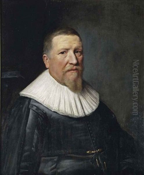 Portrait Of A Gentleman, Half-length, In A Black Waistcoat With A Black Mantle And A White Ruff Oil Painting by Michiel Janszoon van Mierevelt