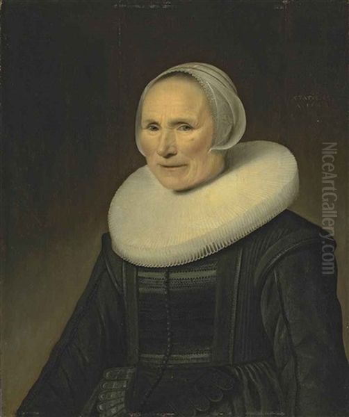 Portrait Of An Old Woman, Half-length, In A Black Dress, A Ruff And A Lace Headdress Oil Painting by Michiel Janszoon van Mierevelt