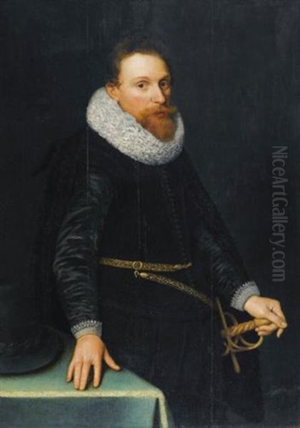 Portrait Of A Gentleman, Three-quarter Length, Standing, Wearing A Black Tunic And White Ruff Oil Painting by Michiel Janszoon van Mierevelt