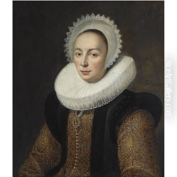 Portrait Of Magdalena Van Beresteyn, Wearing A Gold Embroidered Dress With Vlieger And A Molensteenkraag, And A White Lace Bonnet Oil Painting by Michiel Janszoon van Mierevelt