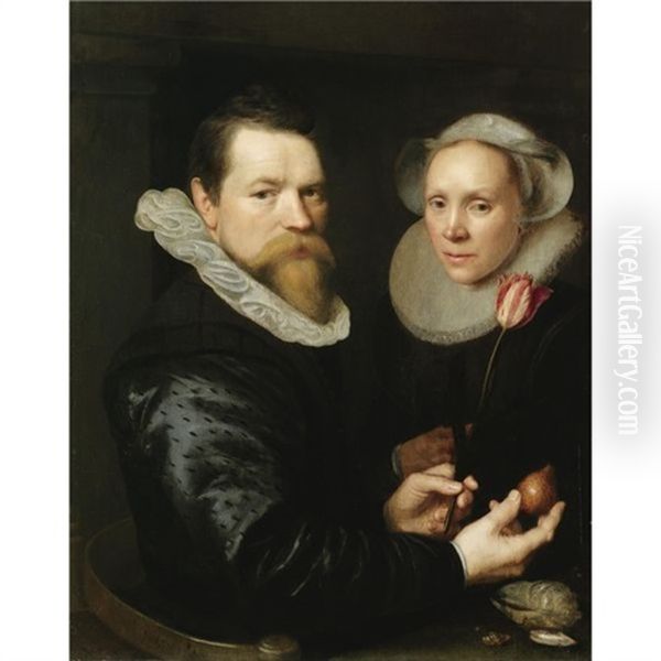 A Double Portrait Of A Husband And Wife, He Holding A Tulip And A Bulb, A Selection Of Shells On The Shelf Below Oil Painting by Michiel Janszoon van Mierevelt