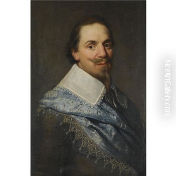 Portrait Of A Gentleman, Head And Shoulders, Wearing Grey With A Pale Blue Sash Oil Painting by Michiel Janszoon van Mierevelt