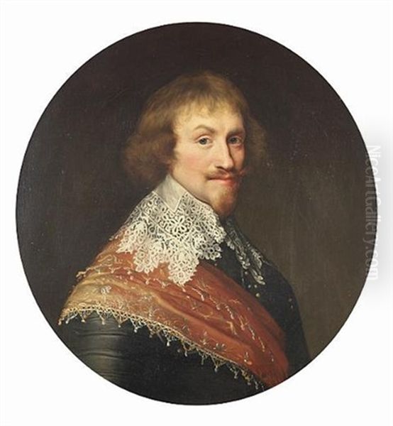 Portrait Of A Gentleman (a Prince Of Orange-nassau?), Bust-length, In Armour, A White Lace Collar And An Embroidered Orange Sash Oil Painting by Michiel Janszoon van Mierevelt