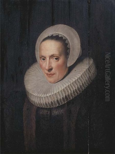 Portrait Of Anna Van Loon, Nee Ruychaver, Bust-length, In A Black Embroidered Dress With Fur And A Molenkraag And White Bonnet Oil Painting by Michiel Janszoon van Mierevelt