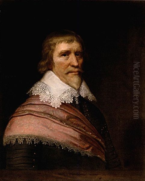 Portrait Of Edward Cecil, Viscount Wimbledon, Aged 59, Wearing Armour, A White Lace Ruff And A Red Sash Oil Painting by Michiel Janszoon van Mierevelt