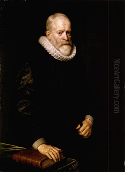 Portrait Of A Gentleman Wearing Black With A White Ruff And Standing Beside A Table With His Hand On A Book Oil Painting by Michiel Janszoon van Mierevelt