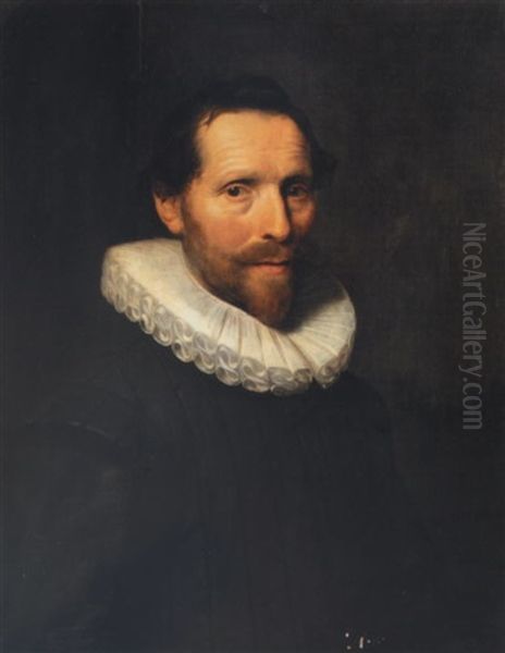 Portrait Of A Gentleman (hugo Grotius?) Wearing Black With A White Ruff Oil Painting by Michiel Janszoon van Mierevelt