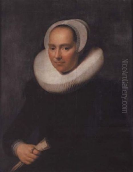 Portrait Of A Lady In A Black Dress With A Ruff And A Lace Cap, Holding A Glove Oil Painting by Michiel Janszoon van Mierevelt