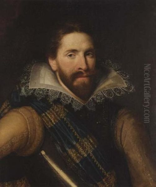 Portrait Of A Man Wearing A Cuirasse And A Blue Sash Oil Painting by Michiel Janszoon van Mierevelt