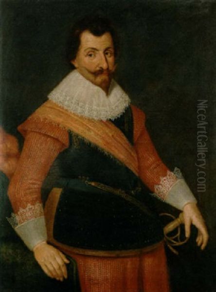 Portrait Of A Bearded Gentleman (a Member Of The House Of Nassau-orange?) In A Breastplate With An Orange Sash, His Hand On A Table, A Plumed Hat At His Side Oil Painting by Michiel Janszoon van Mierevelt