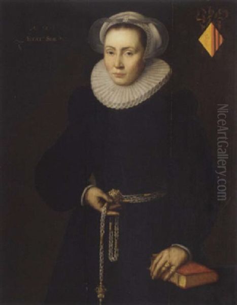 Portrait Of A Lady Aged 30, In A Black Dress With A White Ruff, A Pomander In Her Right Hand, Her Left Arm Resting On A Book Oil Painting by Michiel Janszoon van Mierevelt