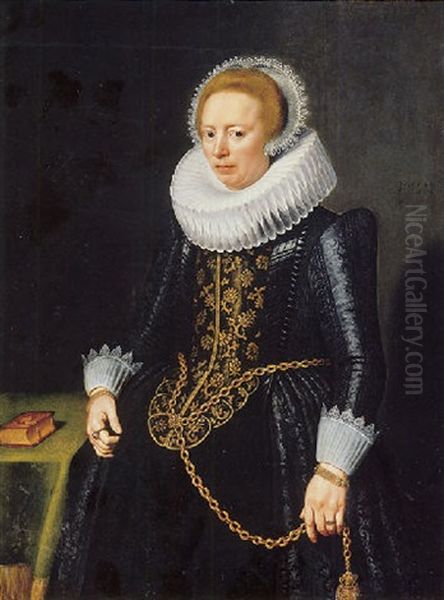 Portrait Of A Lady In A Black Gold-embroidered Dress, A Ruff And A Lace Headdress, With A Pomander Hanging On A Gold Chain Oil Painting by Michiel Janszoon van Mierevelt