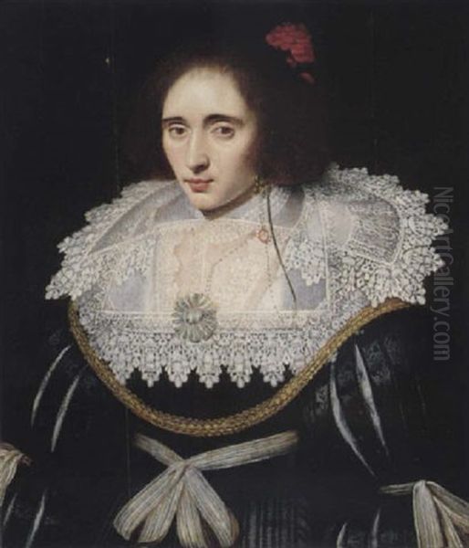 Portrait Of A Lady Wearing A Black Dress With An Elaborate Lace Ruff And A Red Flower In Her Hair Oil Painting by Michiel Janszoon van Mierevelt