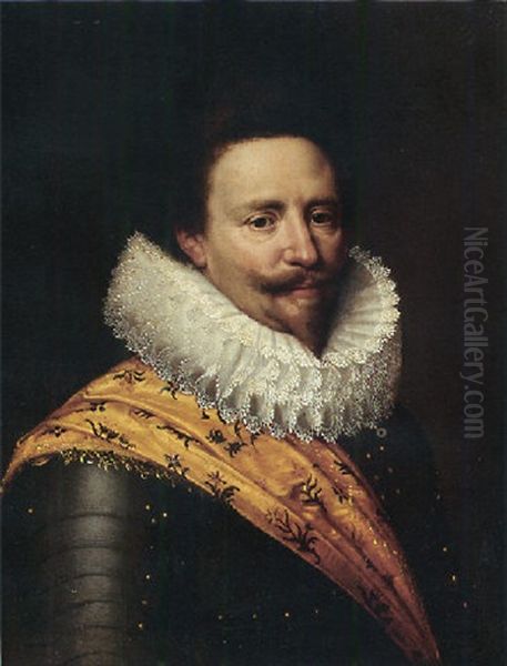 Portrait Of Stadholder Frederik Hendrik, Prince Of Orange, Wearing Armour Suit With Lace Collar And Orange Sash Oil Painting by Michiel Janszoon van Mierevelt