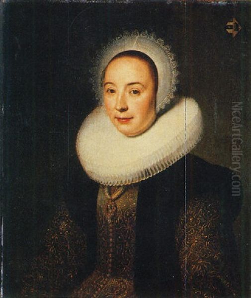 Portrait Of Magdalena Van Beresteyn, Wearing A Gold Embroidered Green Dress With Molenkraag And Vlieger And Lace Bonnet Oil Painting by Michiel Janszoon van Mierevelt