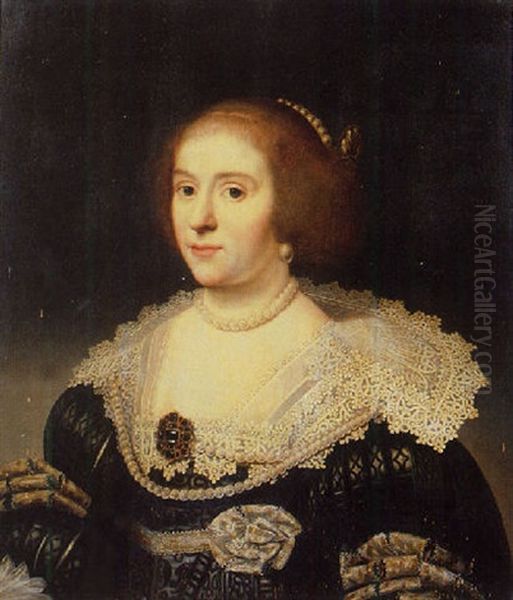 Portrait Of Amalia Van Solms Wearing A Black Dress With Slashed Sleeves, Set With Precious Stones And Pearls, Lace Collar, Pearl Necklace, Earrings And Headdress Oil Painting by Michiel Janszoon van Mierevelt