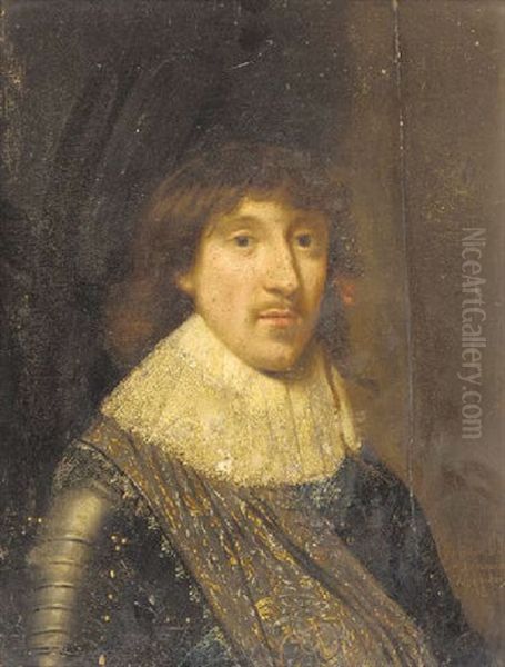 Portrait Of Christian, Duke Of Brunswick In Armour With A White Lace Collar, A Blue And Gold Sash Over His Right Shoulder Oil Painting by Michiel Janszoon van Mierevelt