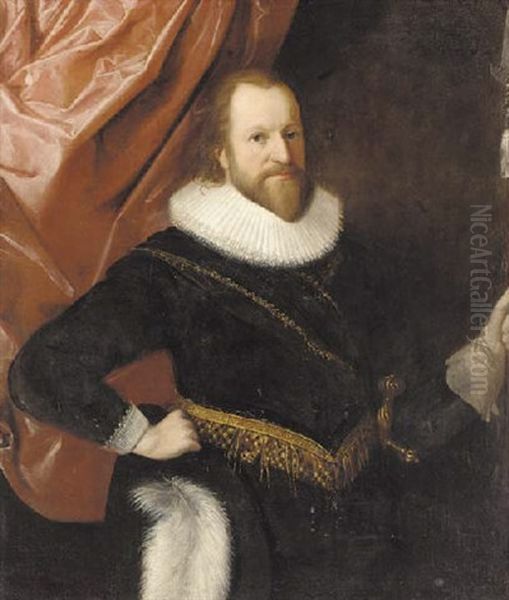 Portrait Of A Gentleman In A Black Doublet Trimmed With Gold And A Ruff, Holding A Pyke Oil Painting by Michiel Janszoon van Mierevelt