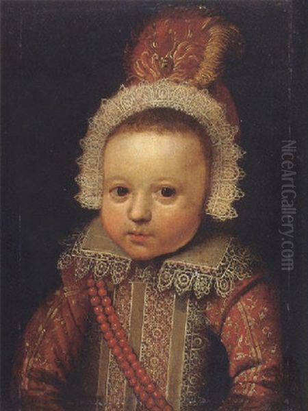 Portrait Of A Young Boy (johan Van Der Veecken?) Wearing An Embroidered Red Costume With Lace Collar And Cap, And Strings Of Corals Oil Painting by Michiel Janszoon van Mierevelt