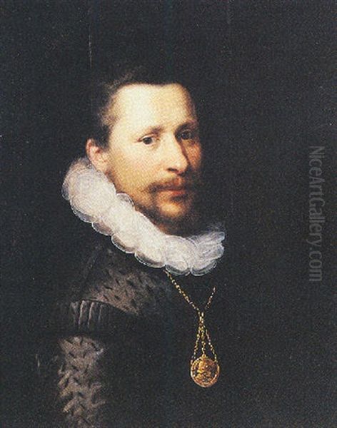 A Portrait Of A Bearded Man Wearing Black Costume With White Collar And A Gold Medallion Oil Painting by Michiel Janszoon van Mierevelt