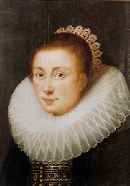 Portrait Of A Young Lady, Head And Shoulders, With A Wide Ruff Collar And Embroidered Corset Oil Painting by Michiel Janszoon van Mierevelt