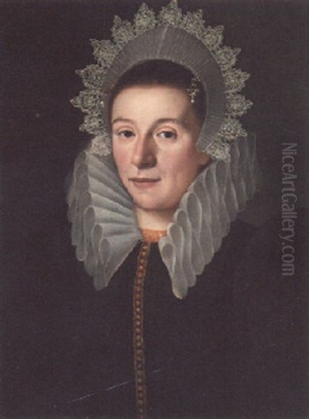 Portrait Of A Lady, Half-length, In A Black Dress With A Ruff And A Lace Headdress Oil Painting by Michiel Janszoon van Mierevelt