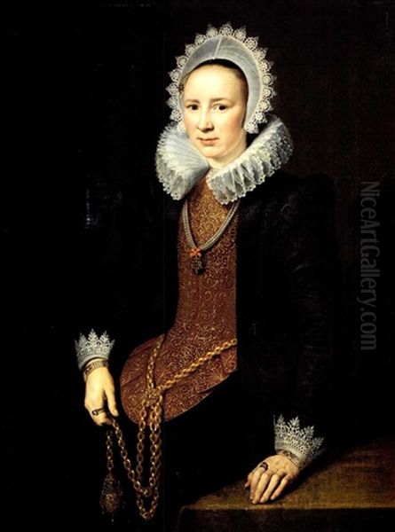 Portrait Of Lady, Standing Three-quarter Length, Wearing    An Elaborate Brown And Black Costume With Gold Etc. Oil Painting by Michiel Janszoon van Mierevelt