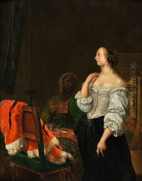 Einer Dame Wird Von Einer Dienerin Eine Schmuckkassette Gereicht Oil Painting by Frans van Mieris the Elder