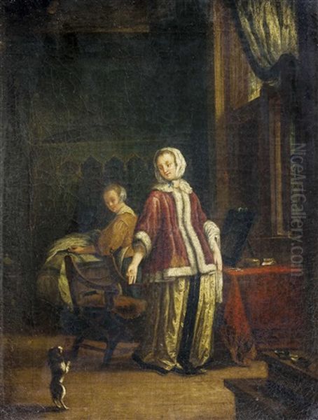 Zwei Bilder: A) Dame Und Zofe Beobachten Hundchen B) Interieur Mit Muschelesser (2 Works) Oil Painting by Frans van Mieris the Elder