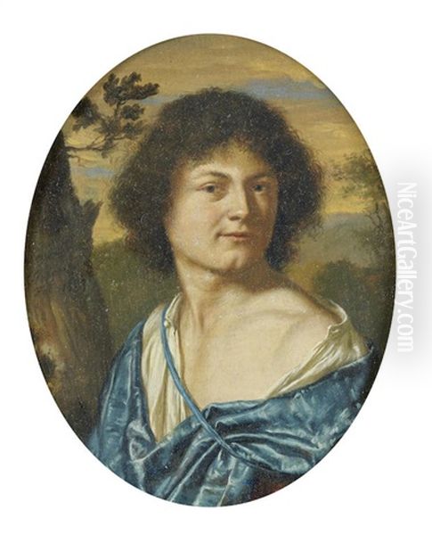 Portrait Of A Young Man, Bust-length, In Blue And White, Before A Landscape Oil Painting by Frans van Mieris the Elder