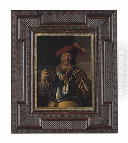 Portrait Of A Gentleman, Three-quarter-length, In Armour And A Red Plumed Cap, A Sword In His Right Hand Oil Painting by Frans van Mieris the Elder