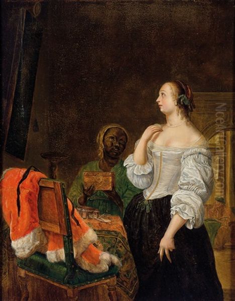 Einer Dame Wird Von Ihrer Dienerin Eine Schmuckkassette Gereicht Oil Painting by Frans van Mieris the Elder