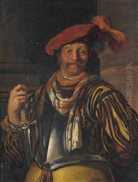 Portrait Of A Gentleman, Three-quarter-length, In Armour And A Red Plumed Cap, A Sword In His Right Hand Oil Painting by Frans van Mieris the Elder