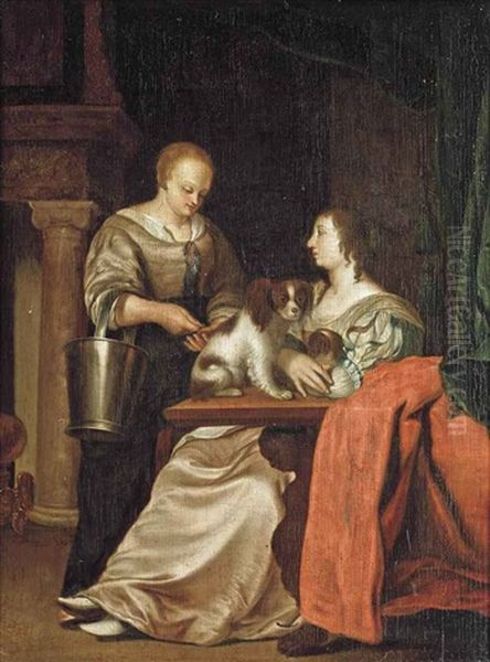 A Lady And Her Maid In An Interior Oil Painting by Frans van Mieris the Elder