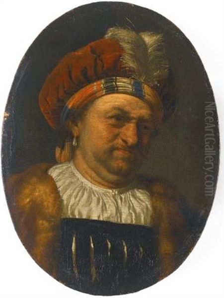 A Trony Self-portrait Of The Artist, Bust-length, Wearing A Turban Crowned With A Feather, And Fur-trimmed Robe Oil Painting by Frans van Mieris the Elder