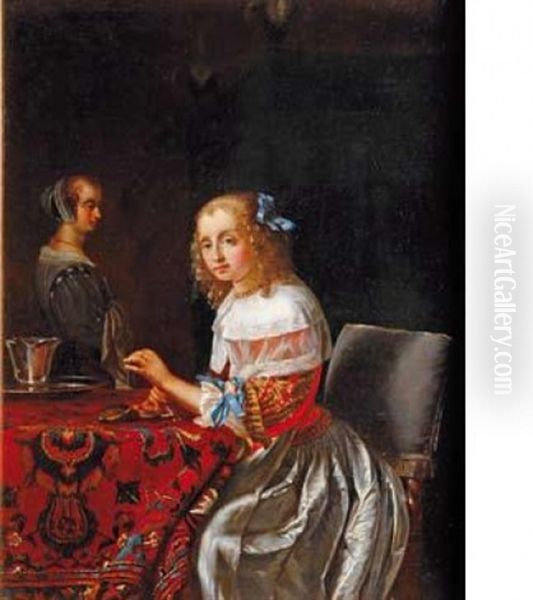 Jeune Femme Enfilant Des Perles Oil Painting by Frans van Mieris the Elder