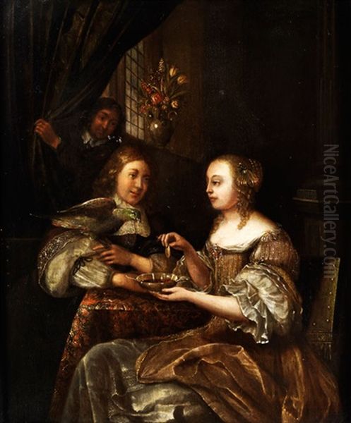 Junges Hofisches Paar In Einem Abgedunkelten Interieur An Einem Tisch Oil Painting by Frans van Mieris the Elder