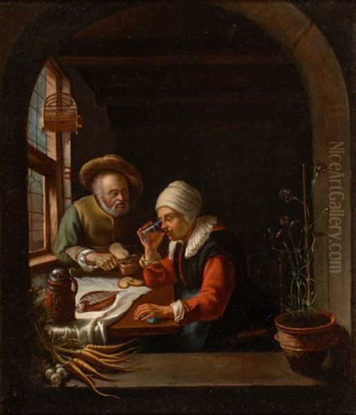 A Peasant Meal Oil Painting by Frans van Mieris the Elder