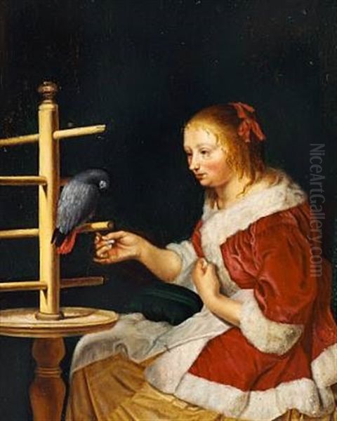 A Young Girl In A Red Jacket Feeding A Parrot Oil Painting by Frans van Mieris the Elder