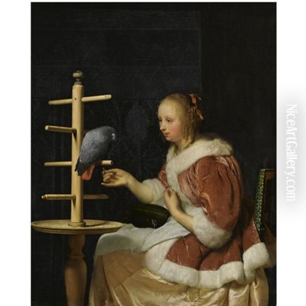 A Young Woman In A Red Jacket Feeding A Parrot Oil Painting by Frans van Mieris the Elder