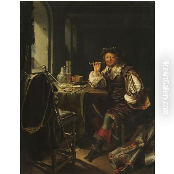 An Interior With A Soldier Smoking A Pipe Oil Painting by Frans van Mieris the Elder