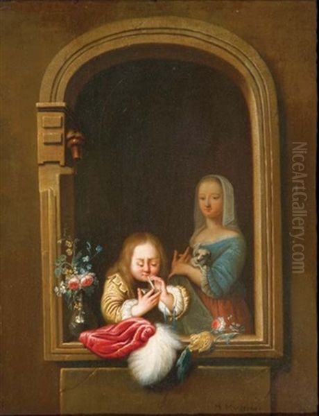 A Boy In A Window Blowing Bubbles, A Girl With A Dog In Her Arms Behind Oil Painting by Frans van Mieris the Elder