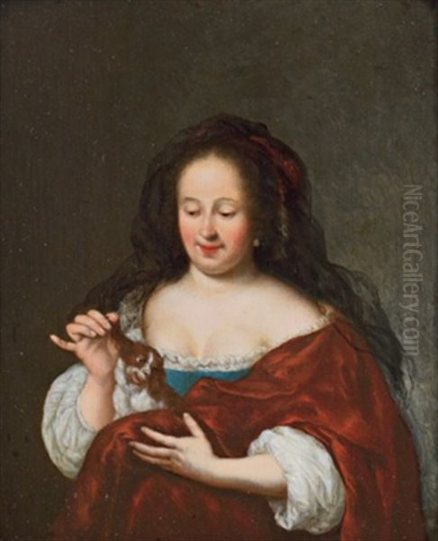 Bildnis Einer Dame Mit King-charles-spaniel Welpen Oil Painting by Frans van Mieris the Elder