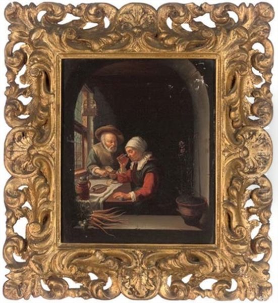 An Elderly Couple Eating And Drinking By A Casement Oil Painting by Frans van Mieris the Elder