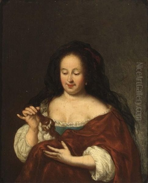 A Young Lady Playing With A Puppy King Charles Spaniel On Her Lap by Frans van Mieris the Elder