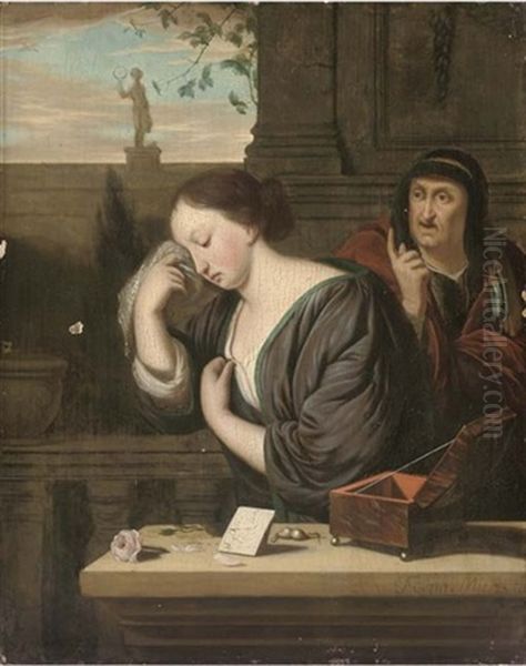 A Woman Weeping On A Balcony, With A Peasant Woman Behind Her Oil Painting by Frans van Mieris the Elder