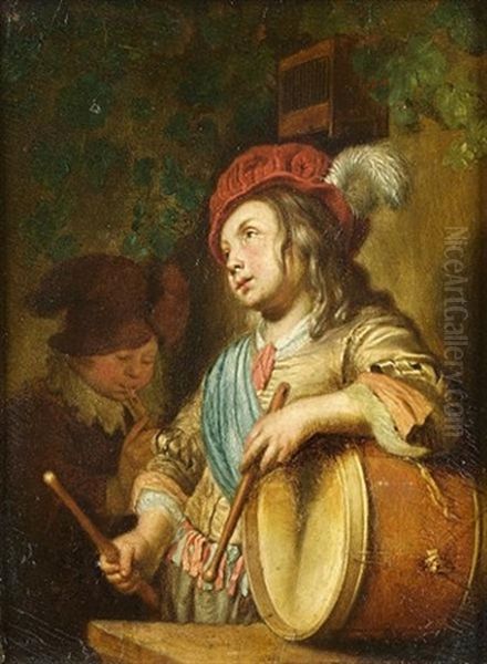 A Man Holding A Large Roemer (+ Boys Playing The Flute And Drum; Pair) Oil Painting by Frans van Mieris the Elder