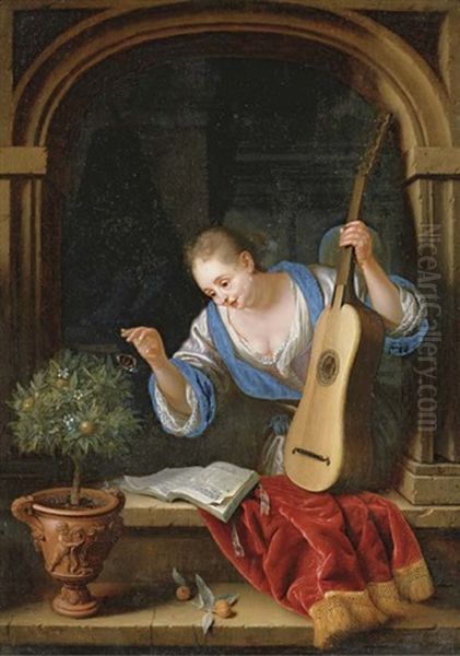 A Young Woman Catching A Butterfly In A Window, With A Guitar, Book And Orange Tree On The Sill Oil Painting by Frans van Mieris the Elder